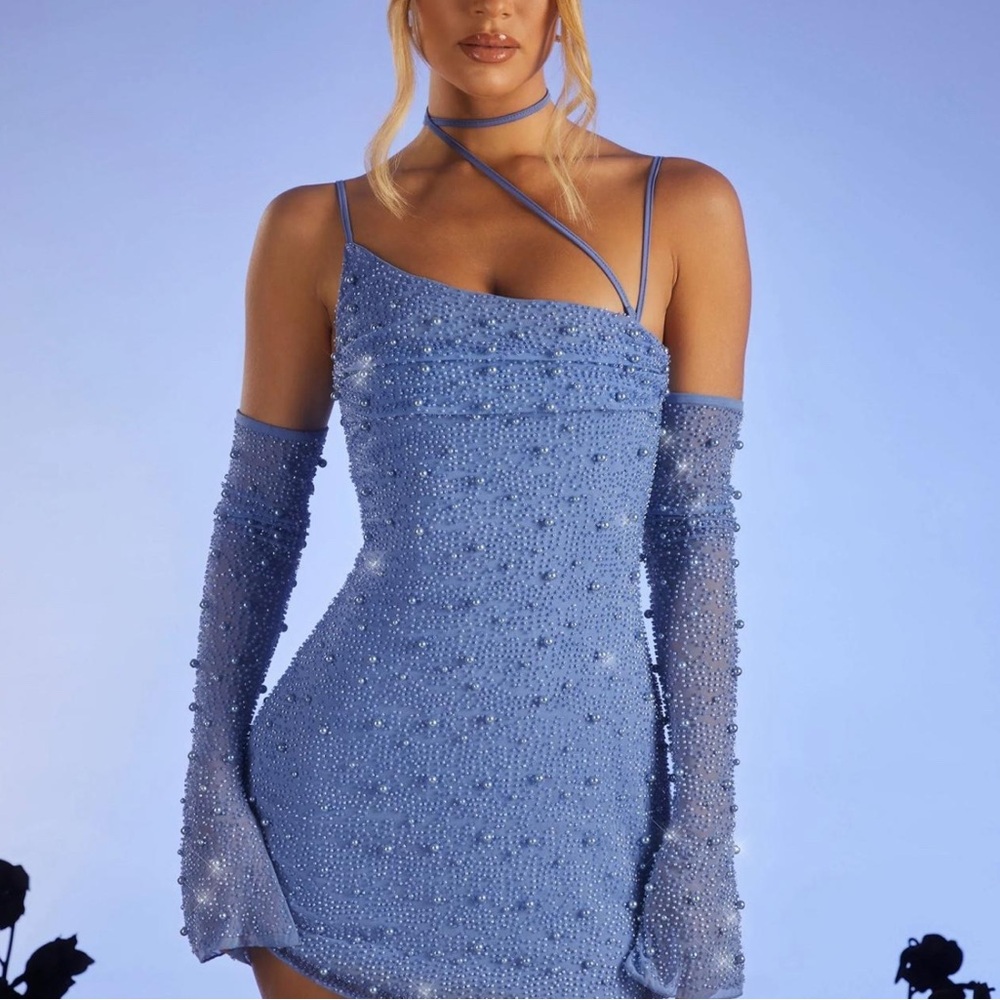 Oh Polly One Shoulder Blue Beaded Dress